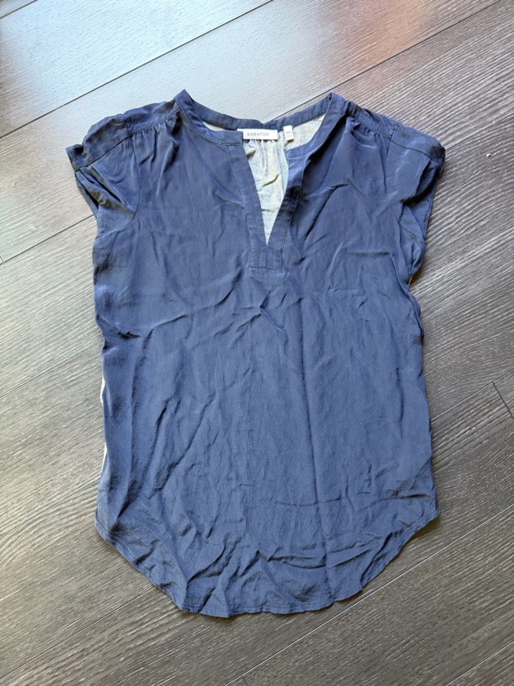 Babaton Navy Split V Cap-Sleeve Blouse